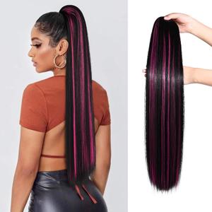 SEIKEA Ponytail Extensions Drawstring Long Straight Fake Pony Tail Natural Soft Clip in Hair Extension Synthetic Heat Resistant Hairpiece 28 Inch Natural Black with Pink Highlights (28 Inch 155G (Pack of 1))
