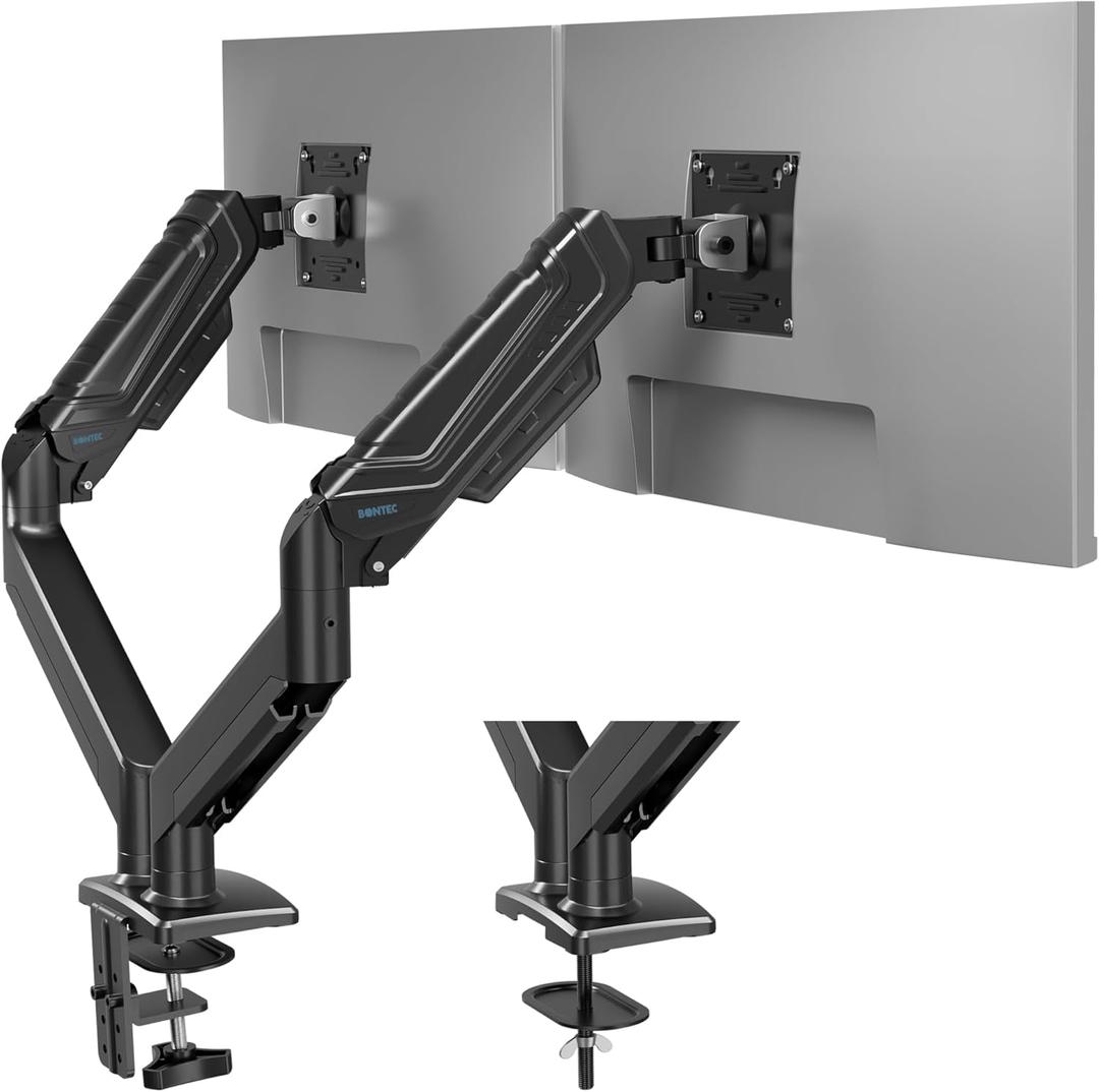 BONTEC Dual Monitor Stand for 15-38 Inch Screens, Gas Spring Adjustable Monitor Arm, Full Motion VESA 75x75/100x100mm Desk Mount with Tilt, Swivel, Rotation, Ergonomic Design for Home Office or Gaming