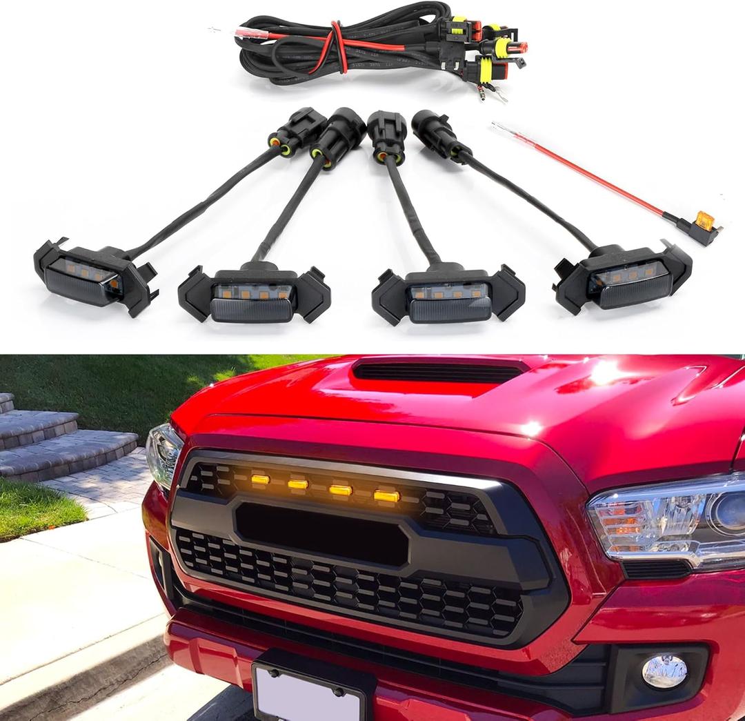 Seven Sparta 4 PCS Grill Led Lights with Fuse Adaptor Compatible with 2016-2023 Toyota Tacoma TRD Pro OEM Front Grille (Amber Light with Black Shell)