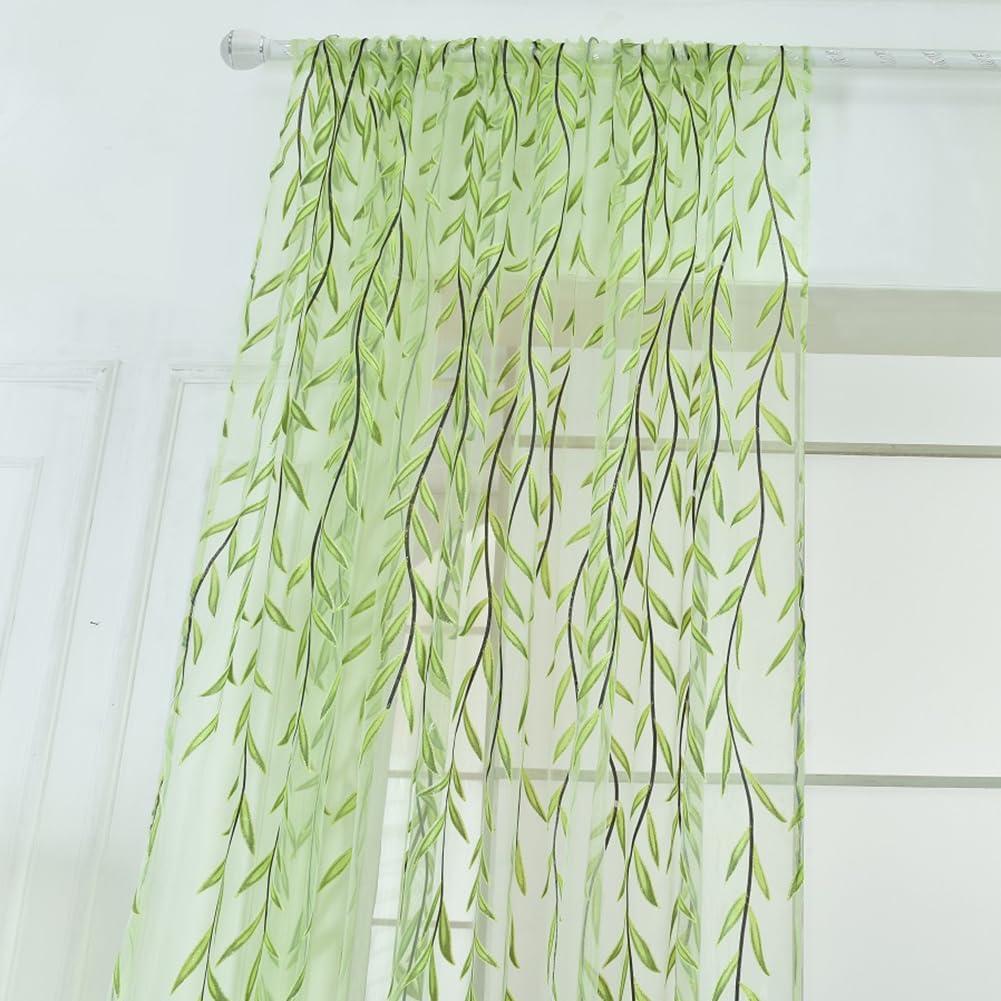  Tulle Curtains for Bedroom, 2 Sheers 39.4'' x 78.8" L Green Window Leaf Curtain for Living Room Bedroom Window Door Bedthroom Balcony Decoration