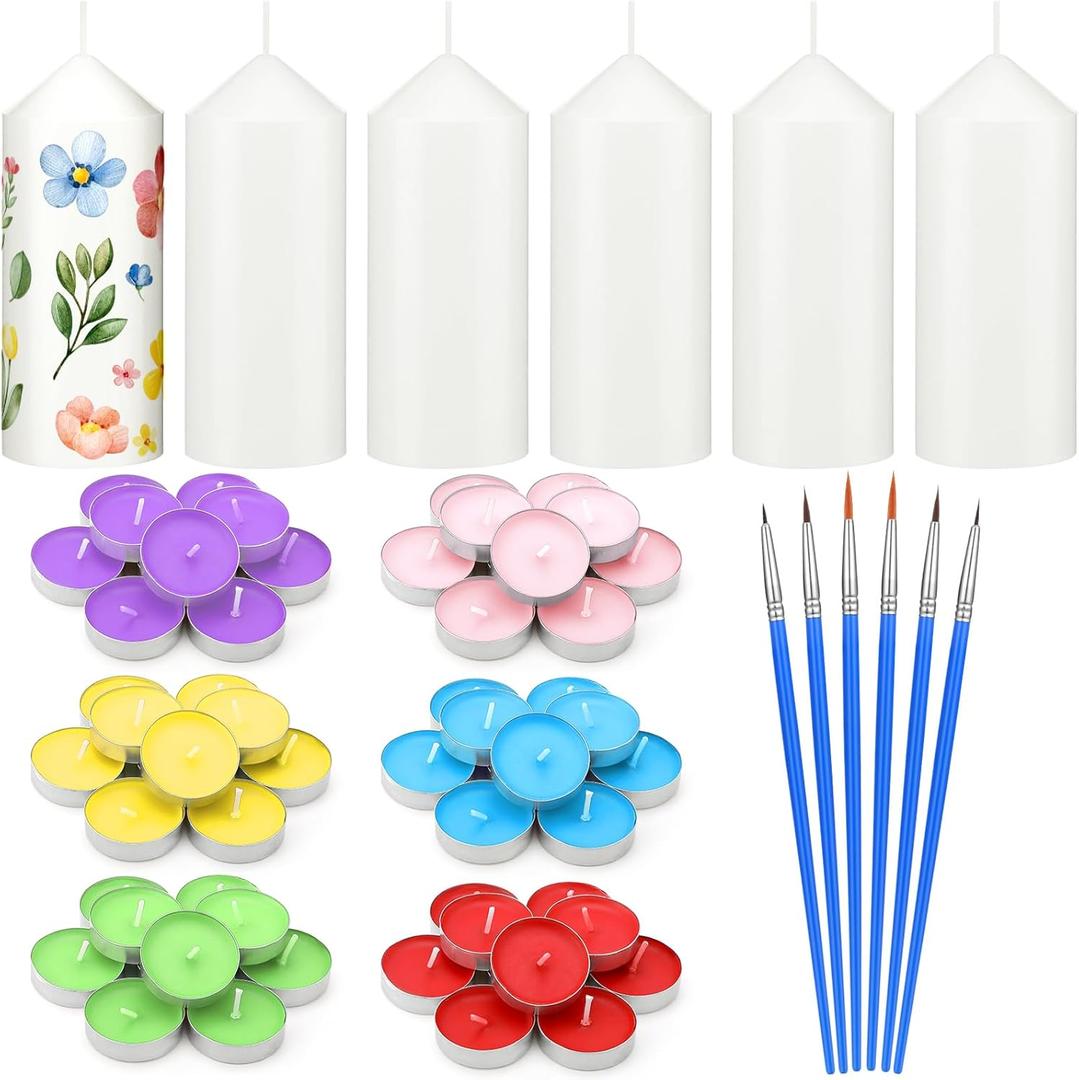 MTLEE 72 Pcs DIY Candle Painting Kit for Adults Include 6 Pcs 2"x 5" White Pillar Candles 60 Colored Tealight Candles and 6 Paint Brushes for Spring Tea Party Crafts Wedding Birthday Party Favors