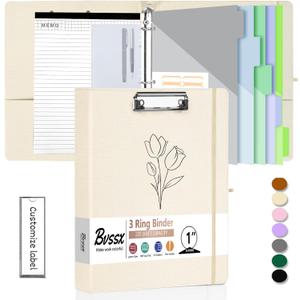 3 Ring Binder with Clipboard,1 Inch Binders with Notepad&5 Dividers with Pockets, Labels,PU Clipboards for School Office(Beige Flower,Letter Size)