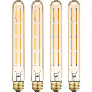 E26 Dimmable Led Tubular Bulb 8W Long Tube Edison Light Bulbs 2700K Warm White T10 Vintage Filament Bulb 75W Equivalent, 8.9inch, Amber Glass Cover E26 Medium Base. (4-Pack)