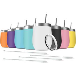 8 Pack 12 oz Stainless Steel Wine Tumbler with Lids, Double Wall Vacuum Insulated Travel Cup Including 8 Straws Set for Coffee, Cocktail, Drink, Tea and Beer (Assorted Colors)