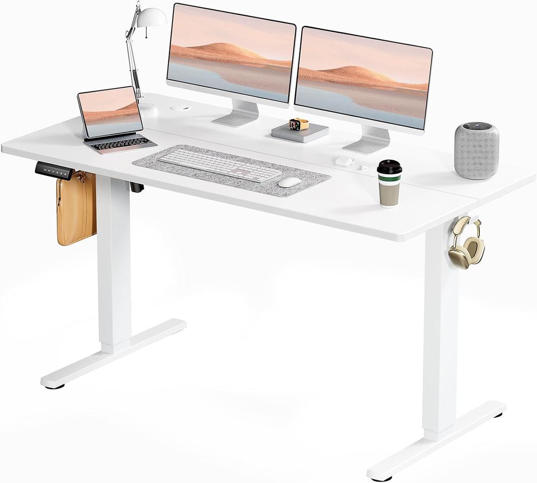 SMUG Adjustable Height Standing Desk 55 Inch Electric Sit Stand Up Down Computer Table Ergonomic Rising Modern Lift Motorized Gaming Desktop Workstation for Work Home Office - Modern White