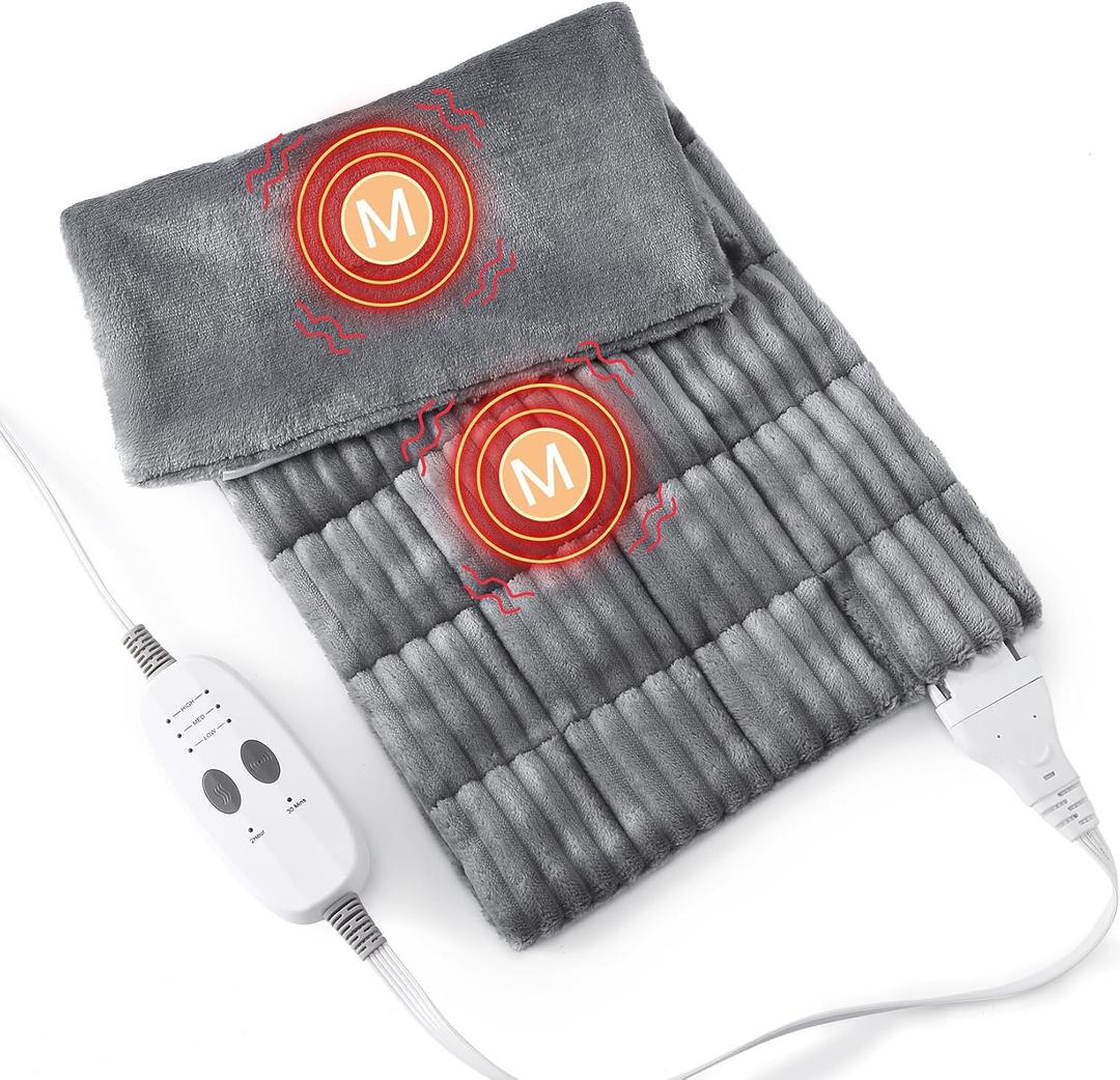 Massaging Weighted Heating Pads for Back Pain Relief and Cramps, 24''*12'' Ribs Fannel Electric Heating Pad with Massage Vibrations, 6 Settings- 3 Heat, 3 Massage- 9 Relaxing Combinations