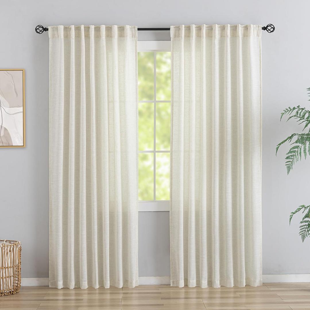 Ivory Natural Linen Blend Back Tab Curtains 90 Inches Long -2 Panels Set for Living Room Hook Belt Loops Pocket Draperies Light Filtering Semi Sheer Window Curtains for Bedroom,Light Beige,W52 by L90
