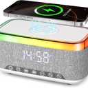 Portable Bluetooth Speaker with 15W Wireless Charging, 4 in 1 Alarm Clock Radio, 13-Color Dimmable LED Night Light - White Noise, 10W TWS Wireless Speaker, for Home, Bedroom, Office, Gift (White)