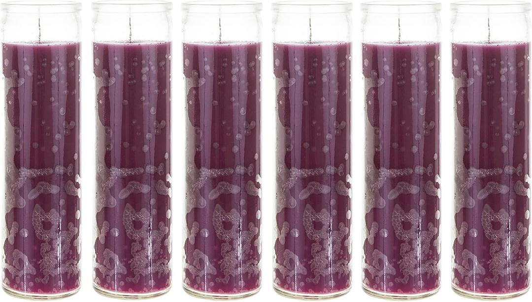 Mega Candles 6 pcs Unscented Purple 7 Day Glass Container Devotional Prayer Candles, Premium Wax Candle 2 Inch x 8 Inch, Sanctuary, Vigils, Prayers, Blessings, Religious, Memorials, Remembrance