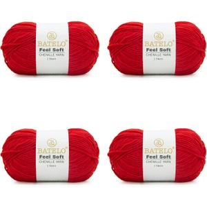 Thin Chenille Yarn for Crocheting & Knitting, Soft Plush Yarn for DIY Crafts, Amigurumi, Home Decor - 3 Light - 4 Pack of 1.7oz/142yds - Red