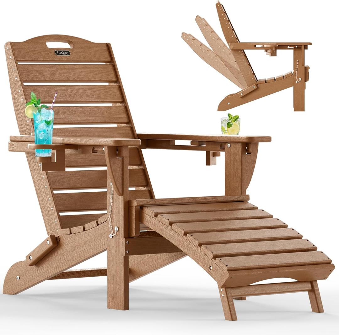 Ciokea Folding Adirondack Chair with Retractable Ottoman Fire Pit Patio Chair with Pull Out Foot Rest Weather Resistant Lawn Outdoor Lounge Chair with 2 Cup Holder (Teak)
