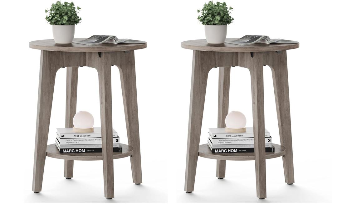 VASAGLE Side Table, Small Round End Table with Lower Shelf, Nightstand for Small Spaces, Living Room, Bedroom, Greige ULET283T02, set of 2