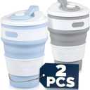 2-Pack ollapsible Cups for Traveling Reusable  12oz Leakproof Coffee Travel Mug, Silicone, Foldable & Portable for Hiking, Camping, Office | Lightweight Collapsible Coffee Cups for Outdoor Use (Grey + Blue)