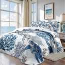 weesire Coastal Bedding California King Size Coastal Quilt with 2 Shams, Nautical Beach Comforter Sets Ocean Bedspreads Blue Seaturtle Coverlet Summer Bedding, 106''x118''