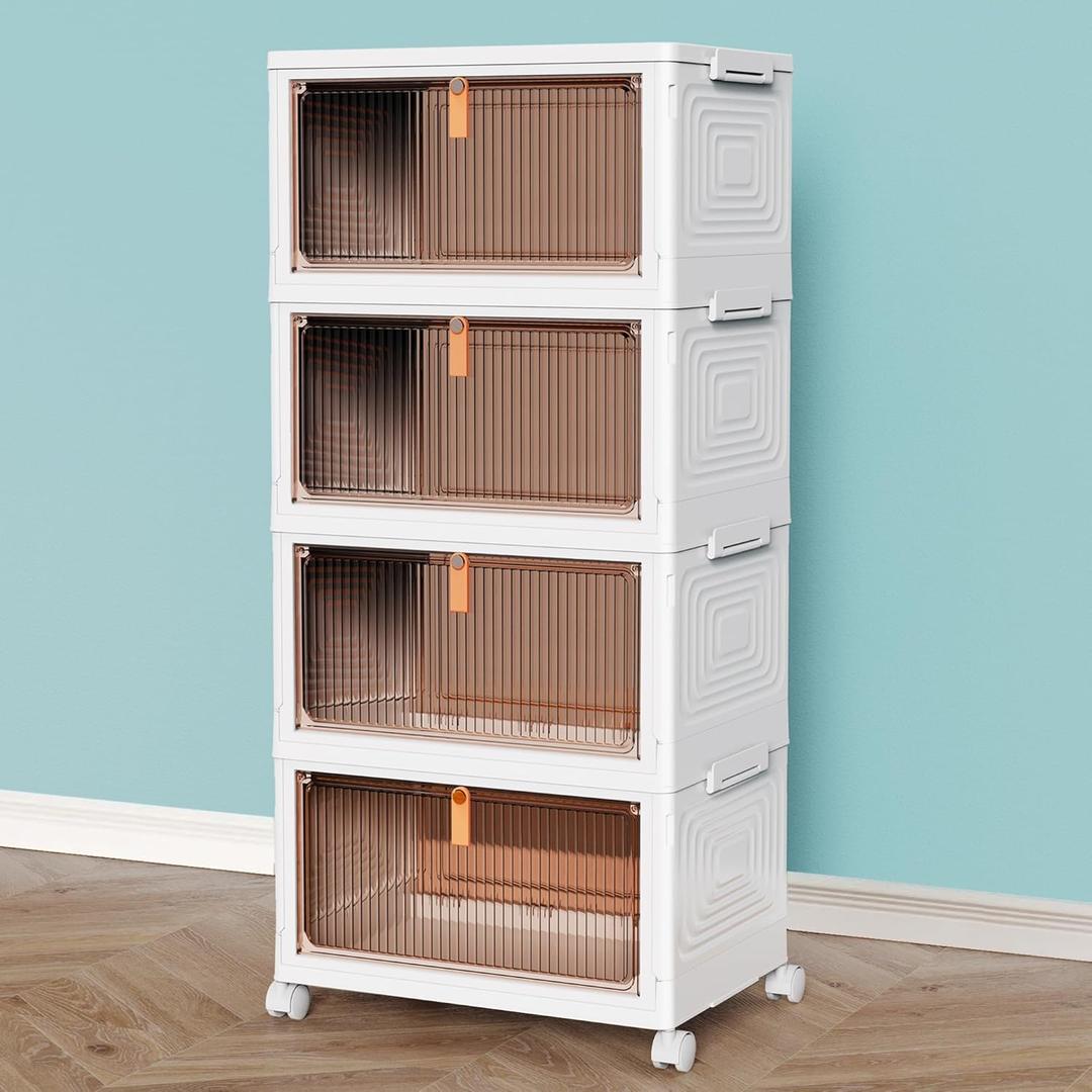 CTSNSLH 4 Tier Plastic Storage Bins and Boxes Organizer - Stackable with Lids for Bedroom, Living Room, Office - Foldable Containers (White)