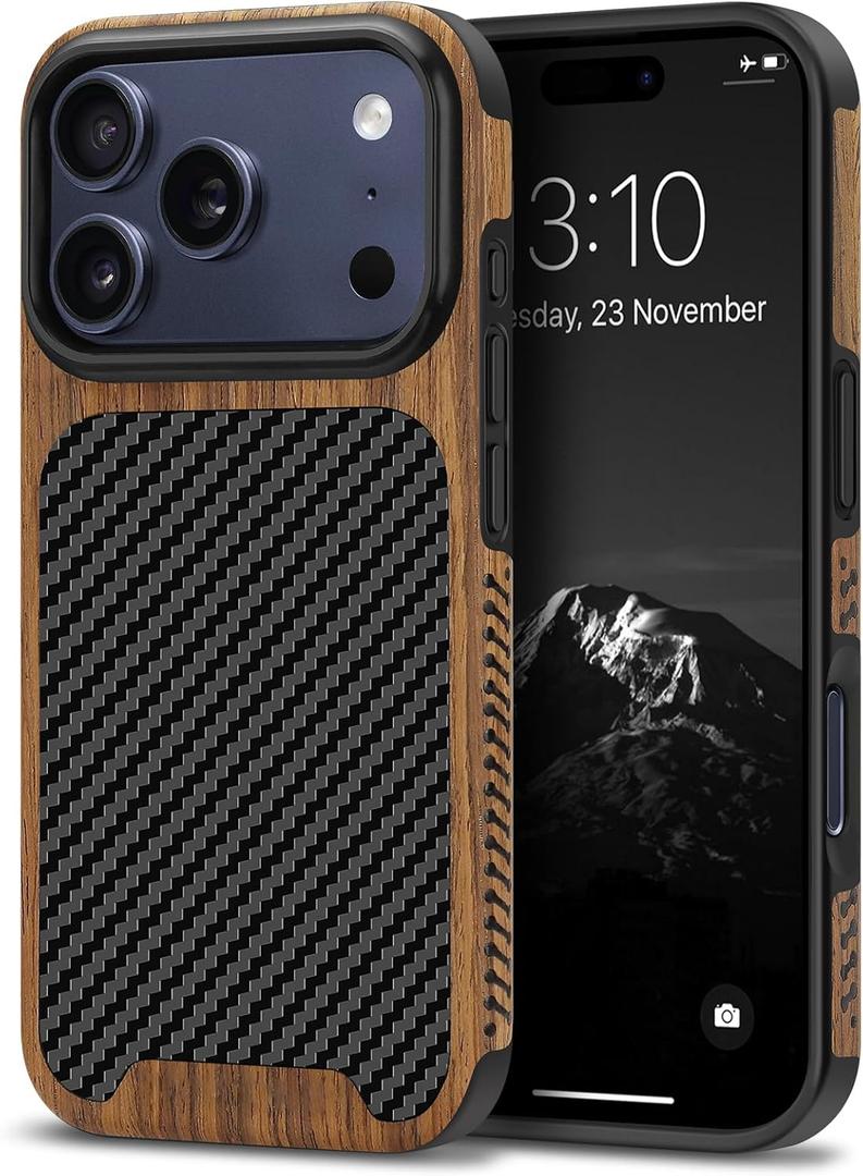 TENDLIN Compatible with iPhone 17 Pro Max Case Wood Grain with Carbon Fiber Texture Design Leather Hybrid Slim Case (Black)