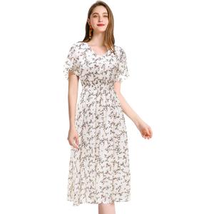 Gardenwed Chiffon Floral Dresses Summer Midi Wedding Guest Dress V Neck for Women Elastic Waist (Large, White Small Flower)