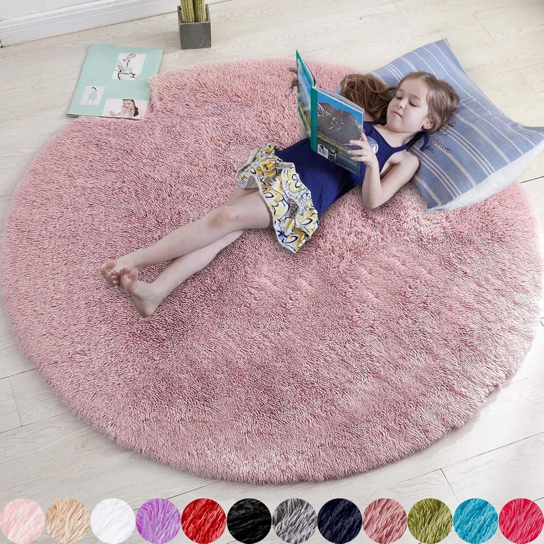 Blush Pink Fluffy Round Rug 4Ft for Bedroom, Fuzzy Furry Circle Area Rugs for Kids Room Decor Aesthetic, Shaggy Circular Carpet for Girls Nursery Dorm Baby Teen, Cute Neutral Dusty Rose Mauve Rug