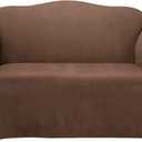 SureFit Home Décor Soft Suede Box Cushion Loveseat One Piece Slipcover, Relaxed Fit, Polyester, Machine Washable, Chocolate Color
