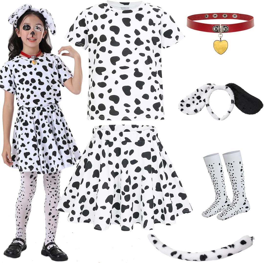 Halloween Dalmatian Costumes Kids, Girls Shirt Tutu Outfit Ears Headband Socks Accessories for 101st Day Of School (Small(5-7yr))