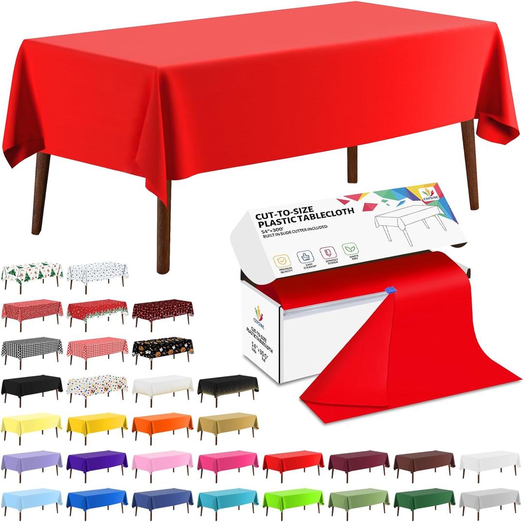 CXPSINC 54 Inch X 300 Feet Plastic Table Cover Roll Disposable Tablecloth with Slide Cutter for All Type/Shape Tables | Picnic, Party, Banquet, Birthdays, Weddings (Red, 300 Feet)