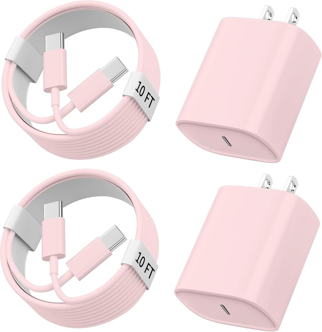 Phone 17 16 15 Charger Fast Charging, 10 FT Long USB C Charger Cord with 20W Type C Fast Phone Charging Block forPhone 17/17 Pro/17 Pro max/Air/Phone 16 15 Pro Max Plus, iPad, Android,Pink