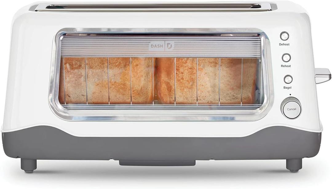 DASH Clear View Toaster - Compact Design with 7 Browning Levels & Clear-View Window, Extra-Wide Slot Large Toaster, 1-Touch Defrost, Reheat & Bagel Functions - Easy Clean Up Crumb Tray (White)