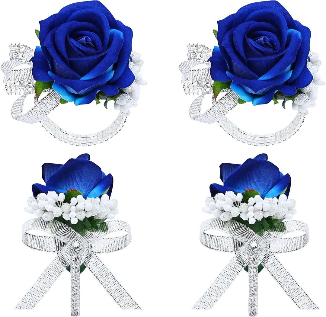 2 x 4Pcs Blue Corsage and Boutonniere Set, Artificial Rose Wrist Corsage Bracelets, Men Boutonniere for Wedding Ceremony Decorations Prom Homecoming Party Flower Accessories