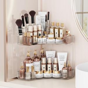 Asayuee 2-Tier Corner Bathroom Counter Organizer with Top Toothbrush Holders,Large Makeup Organizer Countertop with Brush Holder,Skincare Organizers Corner,Exquisite Vanity Organizer(Clear, 2 Tier)