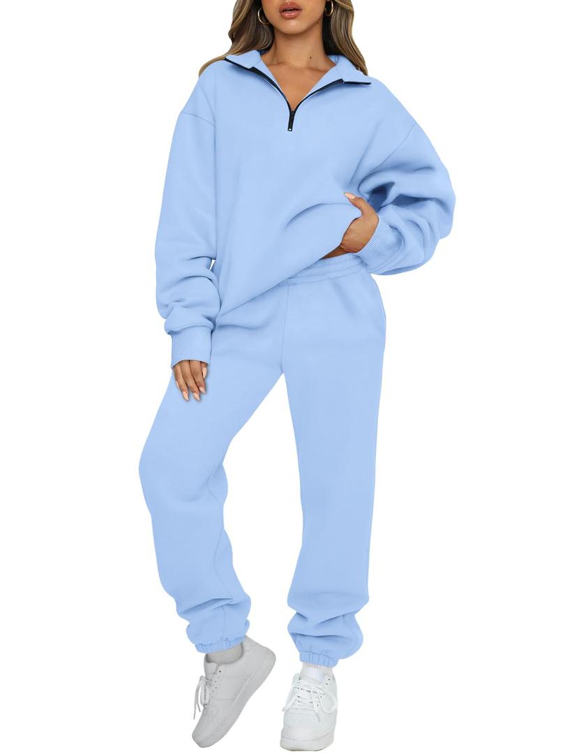 AUTOMET Women's Sweatsuits 2 Piece Outfits Lounge Sets Long Sleeve Half Zip Pullover and Baggy Sweatpants with Pockets LightBlue, L