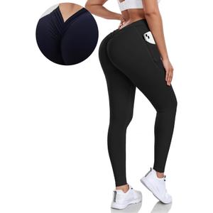 V Back Scrunch Butt Leggings for Women with Pocket Butt Lifting Leggings Tummy Control Booty Lifting Leggings (X-Large, Black)
