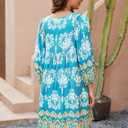 Qearal Women's Casual V Neck 3/4 Sleeve Boho Floral Printed Loose Short Flowy Summer Beach Vacation Dress (Blue, S)