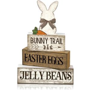 Lineshading 4 Pcs Easter Table Decoration Wooden Rabbit Easter Day Tiered Tray Decor Rustic Wooden Bunny Block Sign Gifts Cute Bunny Centerpiece Farmhouse Holy Week Party Decoration for Home Kitchen