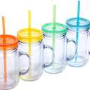 Plastic Mason Jars with Handles, Lids and Straws | 20 oz Double Insulated Tumbler with Straw | 4 Pack Set of 4 | Wide Mouth Mason Jar Mugs | Cups for Kids and Adults, 12 Piece Set