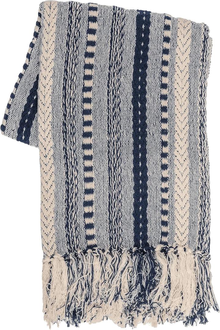 RAJRANG Cotton Braided Striped Throw Blanket 50x60 Inches Soft Cozy Navy Blue Blanket with Decorative Tassels for Sofa Couch Chair Bed Home Decor