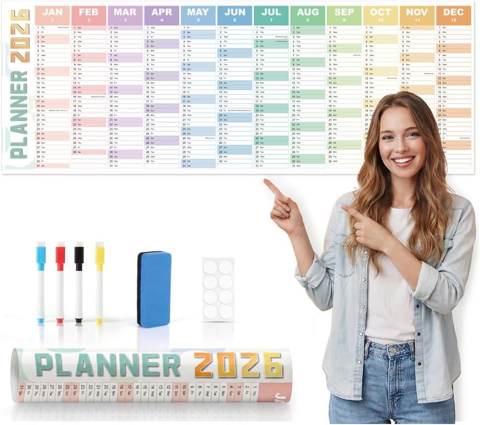 2026 Wall Planner Large 47.2"x16.5"  Double-Sided Laminated Year Calendar with Rolled Packaging, No-Crease Design, 8 Stickers  Home Office Wall Organiser, Bright Colours