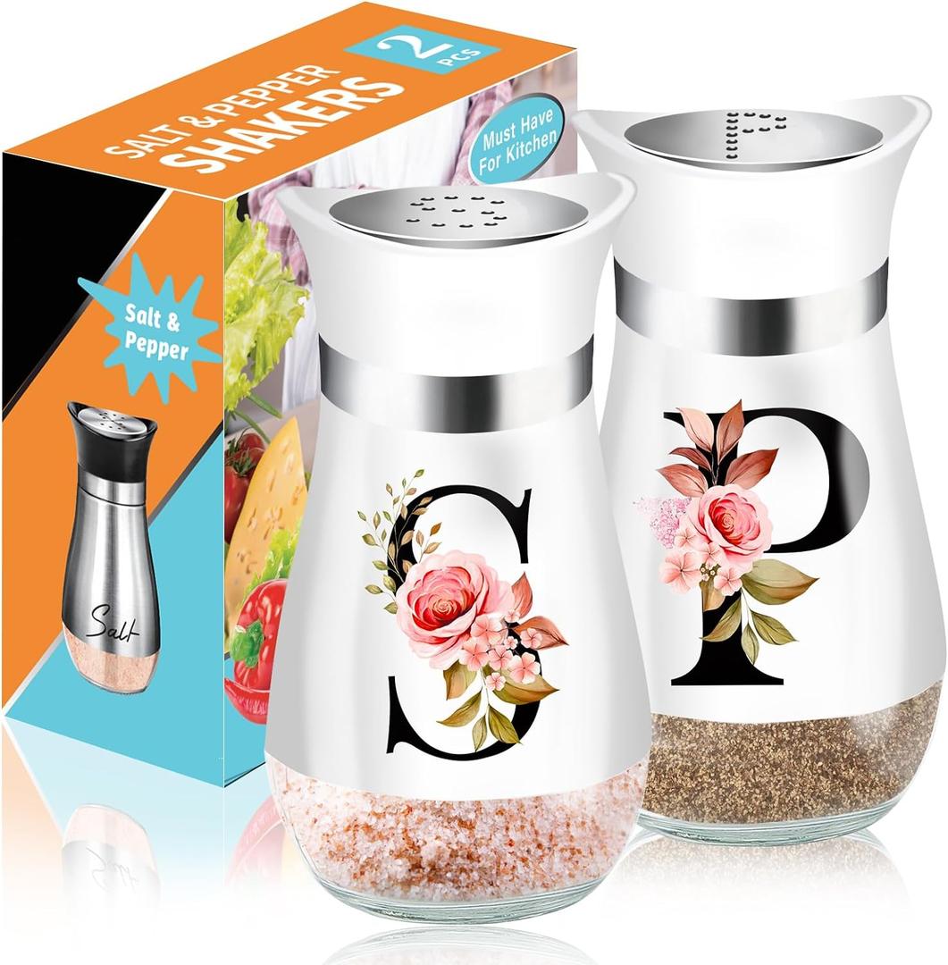 Salt and Pepper Shakers Set, 4 oz White Kitchen Accessories, Stainless Steel & Glass Spice Dispenser Classic, Refillable Design, Farmhouse Salt Pepper Shakers Cute Kitchen Decoration