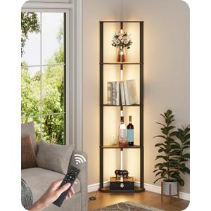 63.4” Display Shelf with Light, Modern Corner Floor Lampe with Shelves, LED Dimmable Standing Lamp with Remote for Living Room, Bedroom, Office, Adjustable CCT, Black Triangle B55LD05