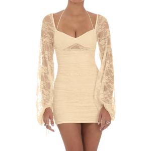 Zebaexf Women's Lace Mini Dress Mesh Dress Long Puff Sleeve Mini Bodycon Party Clubwear for Women (L)