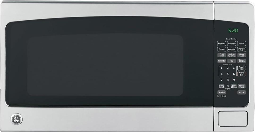 GE Compact Countertop Microwave Oven, 0.7 Cubic Ft., 700-watt Capacity, 6 Auto Cooking Settings, Child-Lock Technology, Dorm Room or Apartment, Stainless Steel