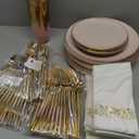 MirthMood 350PCS Pink Plastic Plates with Gold Rim  Plastic Plates Set Includes 50 Dinner,50 Dessert Plate,50 Cup&50 Napkins 150 Gold Silverware for Wedding&Birthday Parties&Valentine's Day