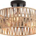 3-Light Coastal Woven Flush Mount Light Fixture Boho Rustic Hemp Rope Drum Semi Flush Mount Ceiling Light for Hallway Bedroom Kitchen Entryway Farmhouse Living Room, Black