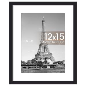 upsimples 12 x 15 Frame, Display Pictures 9x12 with Mat or 12x15 Without, Wall Hanging Photo Frame, Black, 1 Pack