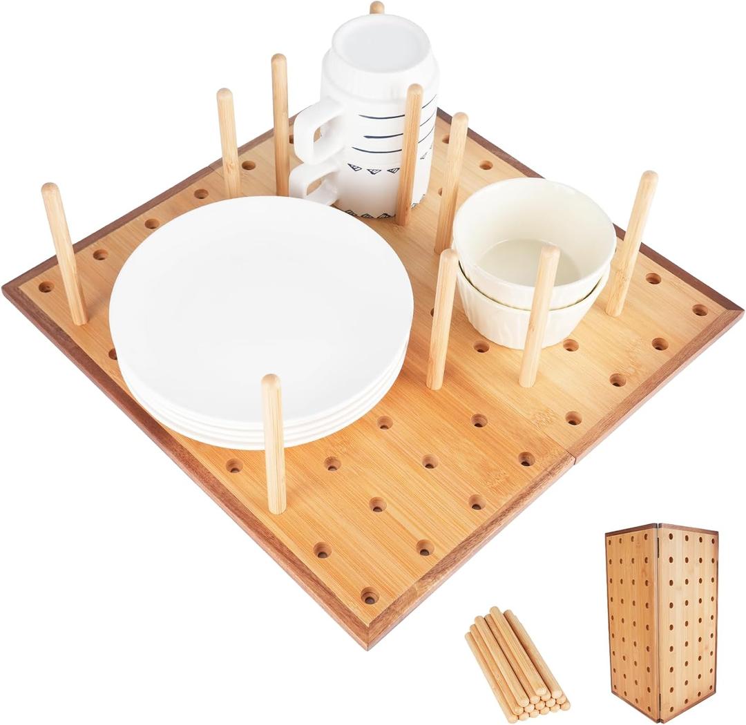 Foldable Pegboard Organizer for Kitchen Bamboo Base & Acacia Wood Edge Dish Rack for Kitchen Countertop, Cabinet, and Drawer, 16 Removable Pegs, 15.7" x 15.7"