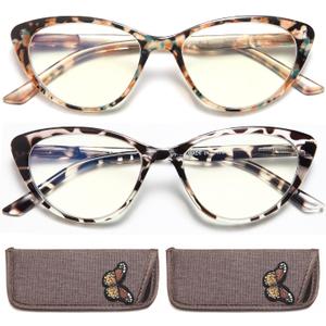EYEURL Cat Eye Reading Glasses for Women -2 Pack of Blue Light Blocking Readers Spring Hinge Computer Eyeglass with Tortoise/Champagne Pattern Design Readers for women +2.75