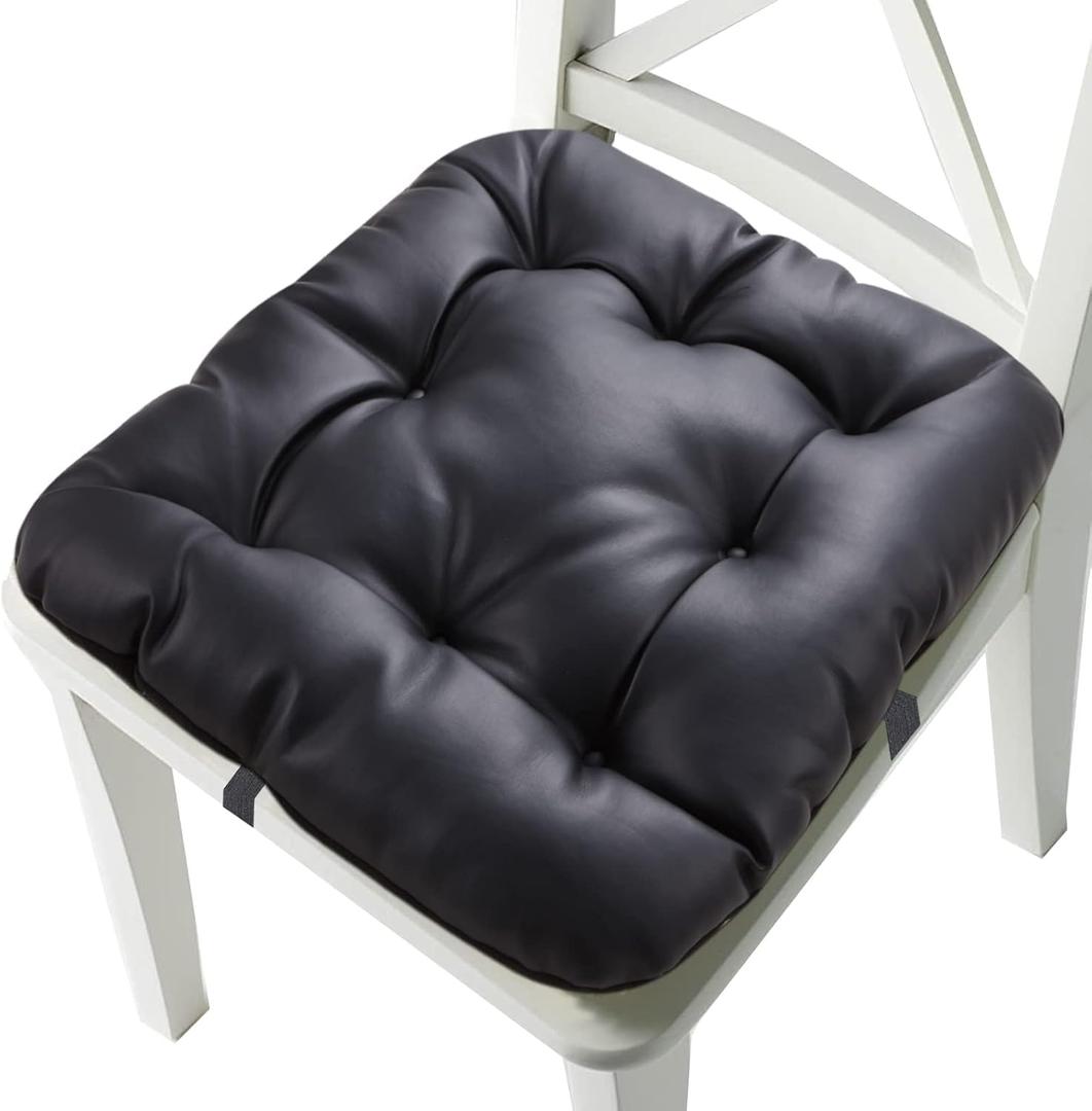 Big Hippo Chair Pads Square Chair Cushion, Soft Faux Leather Chair Pad Tufted Thicken Chair Seat Cushion Padding with Elastic Bands for Garden Patio Home Kitchen Office (Black-1pc)