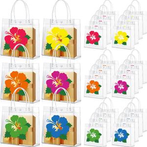Wesnoy 24 Pcs Hawaiian Luna Gift Bags with Handles Clear Hibiscus Party Favor Bags Tropical Goodie Bag Summer Party Supplies for Aloha Tiki Birthday Decorations, 7.9'' x 7.9'' x 3.2''