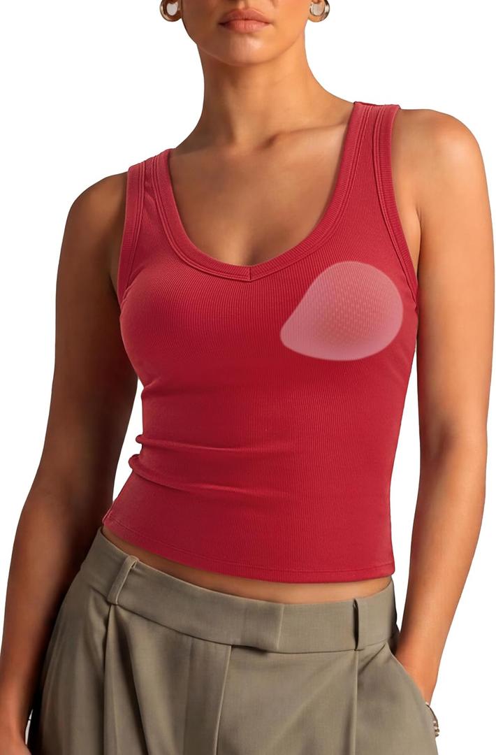 SUUKSESS Women Cotton Ribbed Summer Casual Tops Padded Loose Fit Tank Tops (Red, XS)