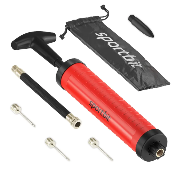SPORTBIT Ballpump for Sports Balls - Basketball Pump for Sport Balls - Football & Soccer, Basketball, Volleyball Pump, Swim Inflatables - Hand Air Pump with 3 Needles, Nozzle, Extension Hose, Pouch 