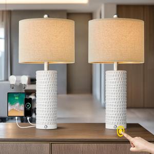 PORTRES 24" Modern Ceramic 3-Way Dimmable Touch Table Lamp Set of 2 for Bedroom White Farmhouse Bedside Lamps with USB A+C Charging Ports for Living Room Nightstand Lamp End Table Lamps